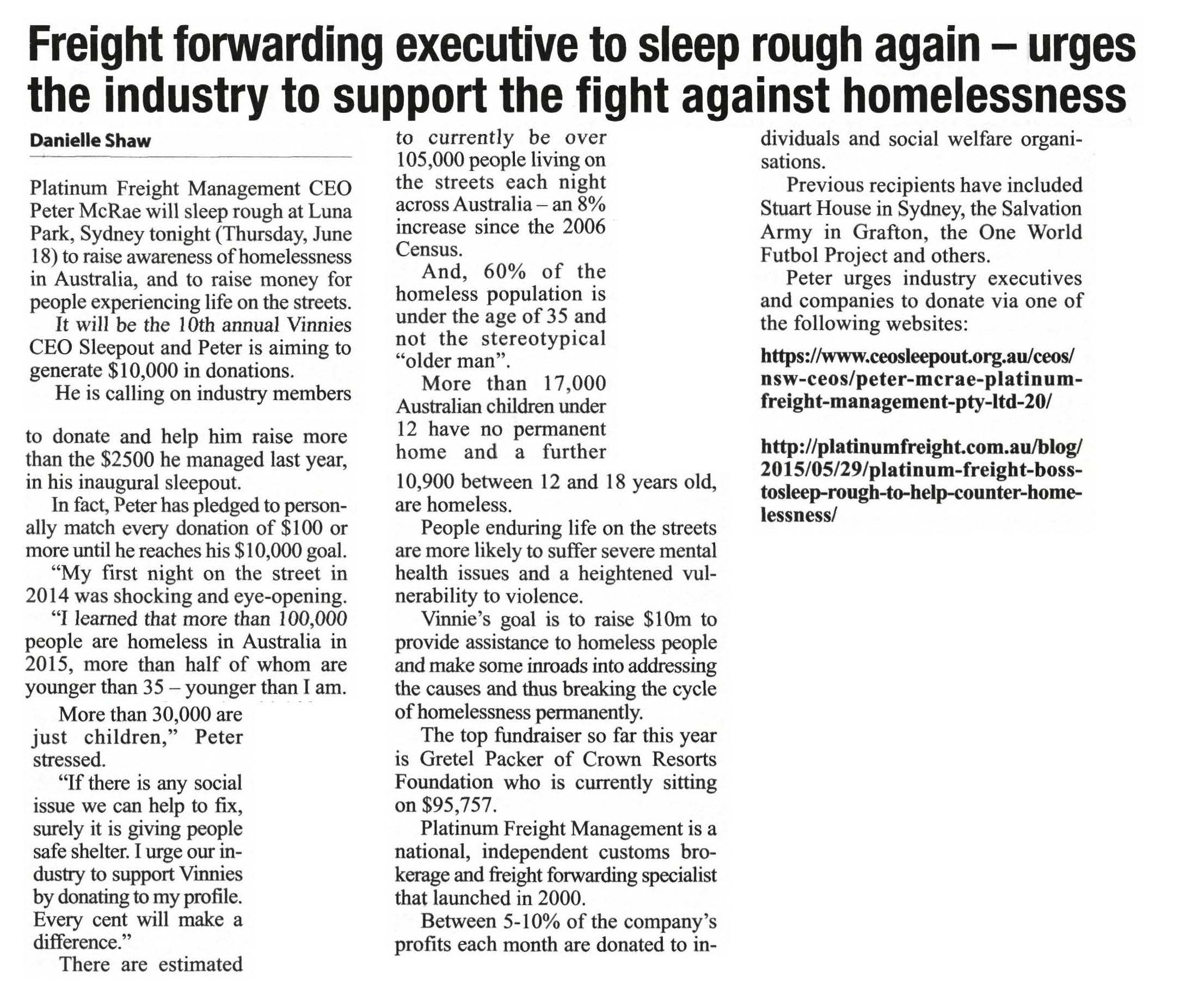 Pages from Lloyd's List - 18 June 2015 - Freight forwadting executive to sleep rough again - urgest the industry to support the fight against homelessness