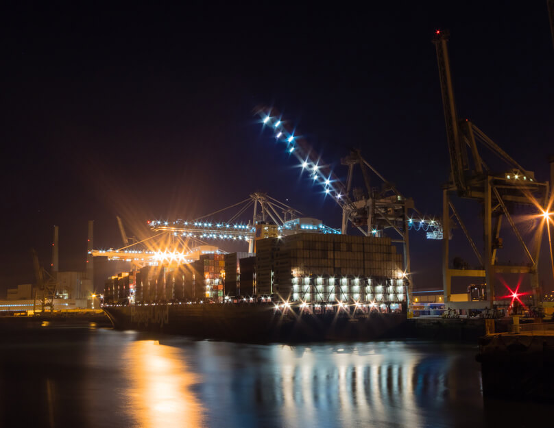 Le Havre Port and its shipping activities in France at night