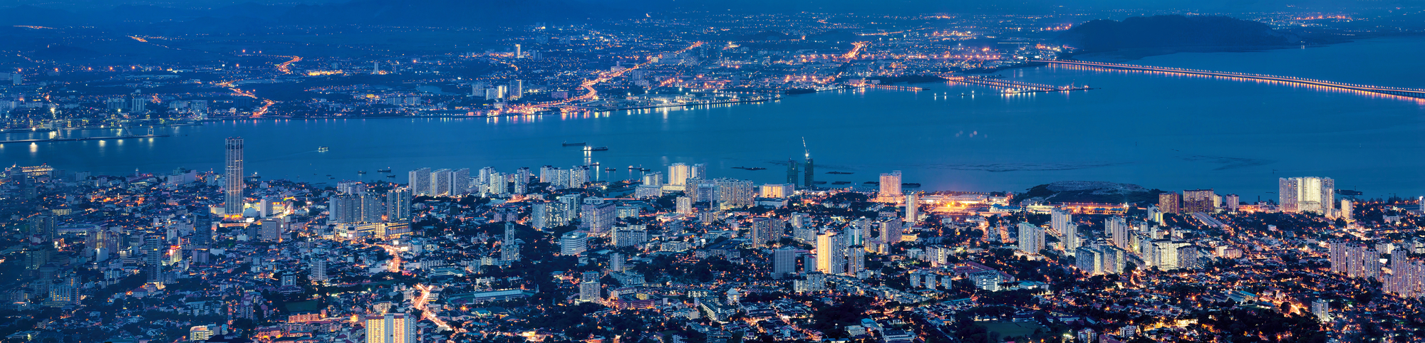 George Town Penang Malaysia Aerial Scenic view from Penang Hill during Evening Blue Hour Panorama